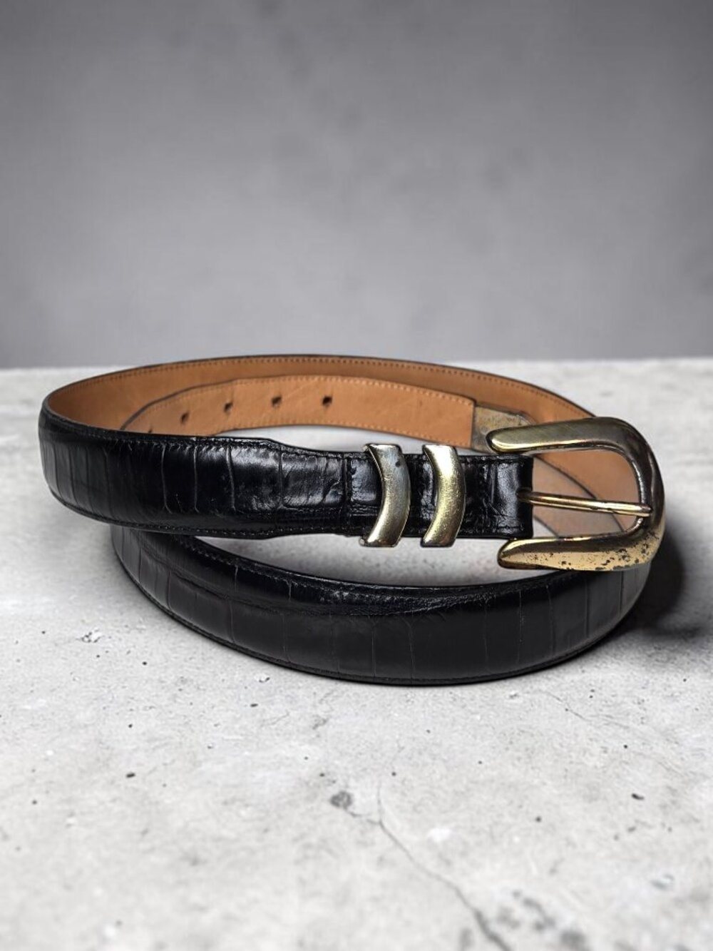Onyx by Brighton Womens Black Croc Embossed Distressed Buckle Leather Belt 2X